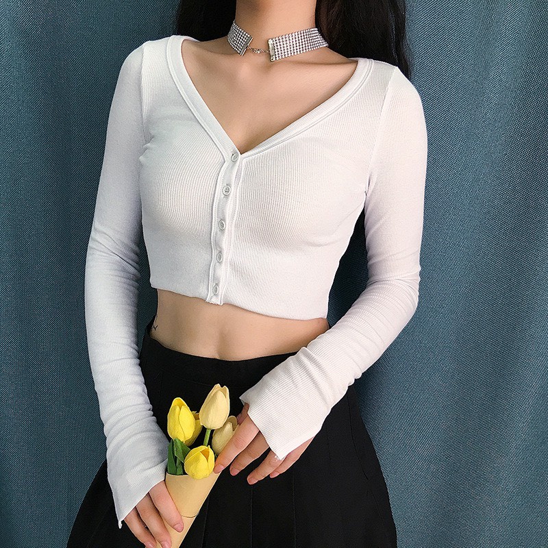 Áo Croptop Nữ Gân Tăm, Áo Tay Dài Xẻ Tà Cài Nút -Chuẩn fom thêm phần cá tính_Phuongshop1812