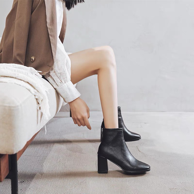 Giày bốt da mềm nữ cao cổ, Bốt nữ cổ lửng chất da có khoá sau, đế vuông lên dáng cực sang chảnh | BigBuy360 - bigbuy360.vn