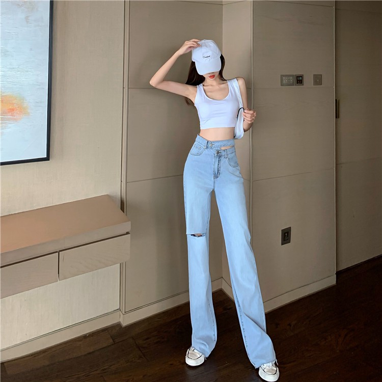 Quần Jean Dài Lưng Cao Phối Rách Kiểu Retro Hàn Quốc Cá Tính Cho Nữ | BigBuy360 - bigbuy360.vn