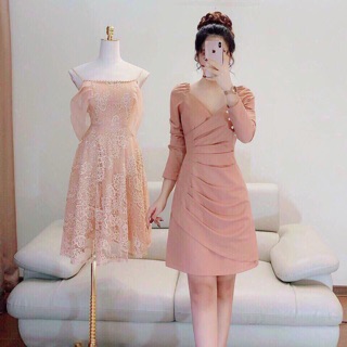 BB187 Đầm tay phồng dập ly hồng phấn