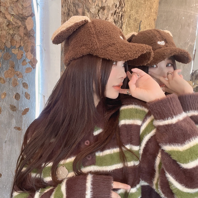 Mũ Lưỡi Trai Phối Lông Dày Dặn Ấm Áp Dễ Thương Phong Cách Hàn Quốc