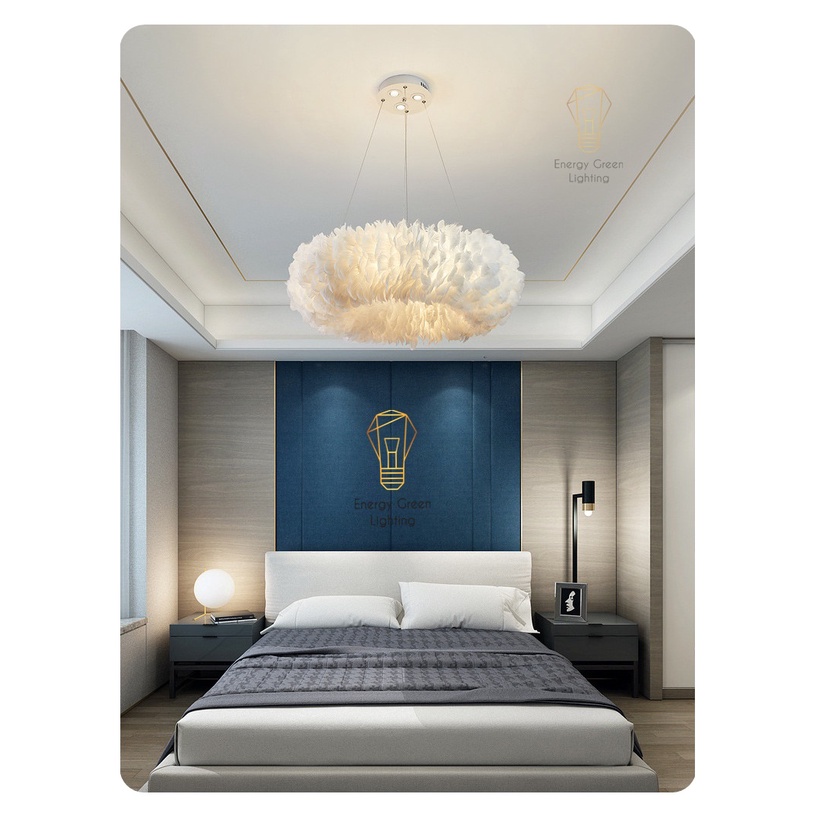 Đèn Chùm Lông Vũ Vòng Tròn Energy Green Lighting 80cm Phong Cách Bắc Âu Decor  - 3 Chế Độ Ánh Sáng - Bảo hanfh12 tháng