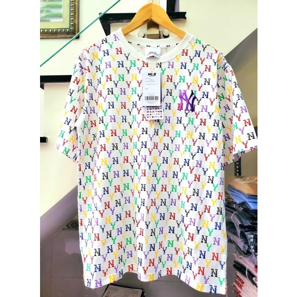 Áo thun cotton monogram Mlb NY 7 màu in full đang hot nhất năm tay ngắn nam nữ