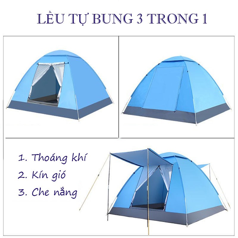 Lều Cắm Trại Tự Bung Có Mái Che Cho 4 - 6 Người Sử Dụng Chống Thấm Nước Chống Nắng Cực Tốt Kích Thước 2M x 2M VT268