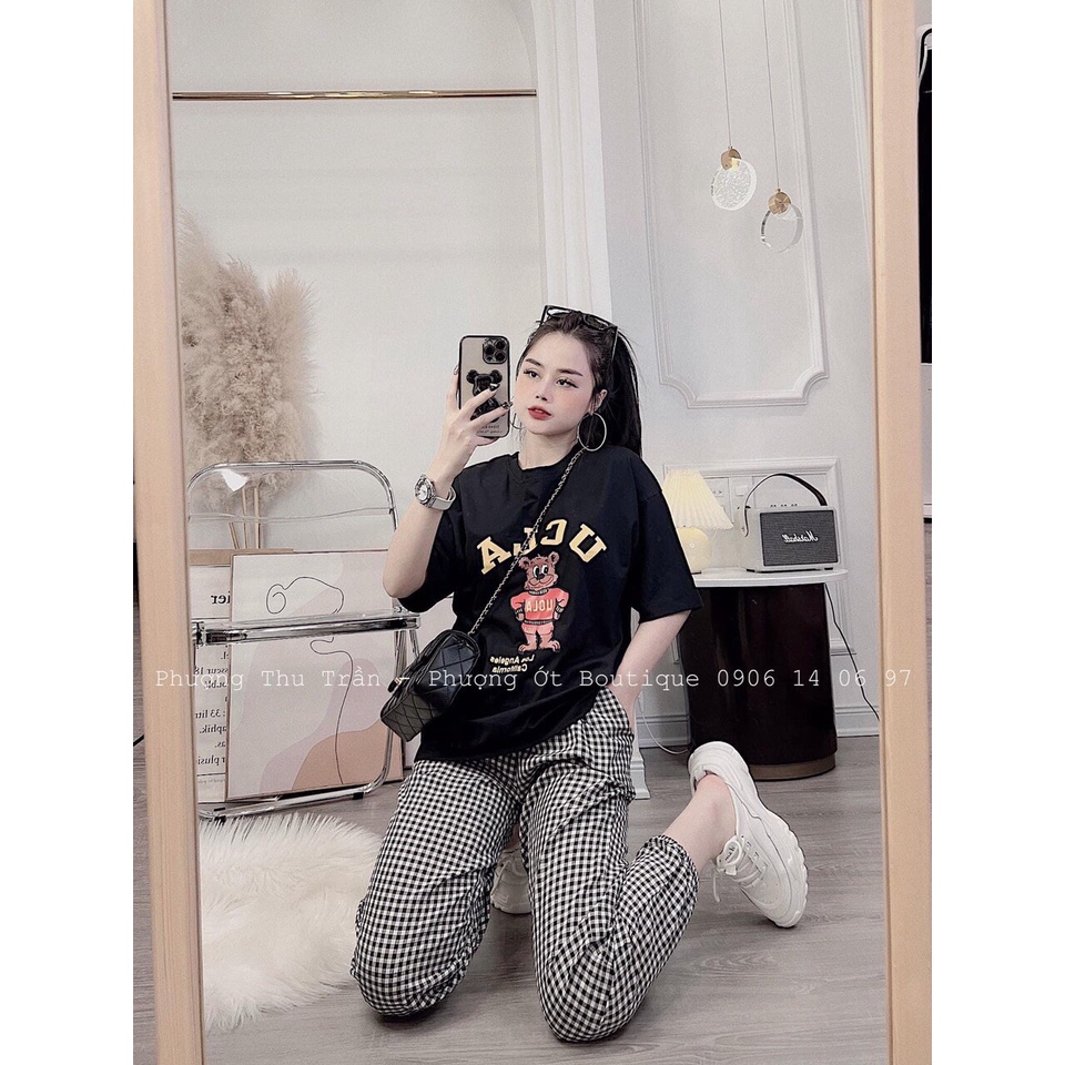 [ SIÊU PHẨM 2022 ] BỘ NỮ ÁO ĐEN GẤU UCLA QUẦN BOM KẺ CARO - ZADOLA FASHION