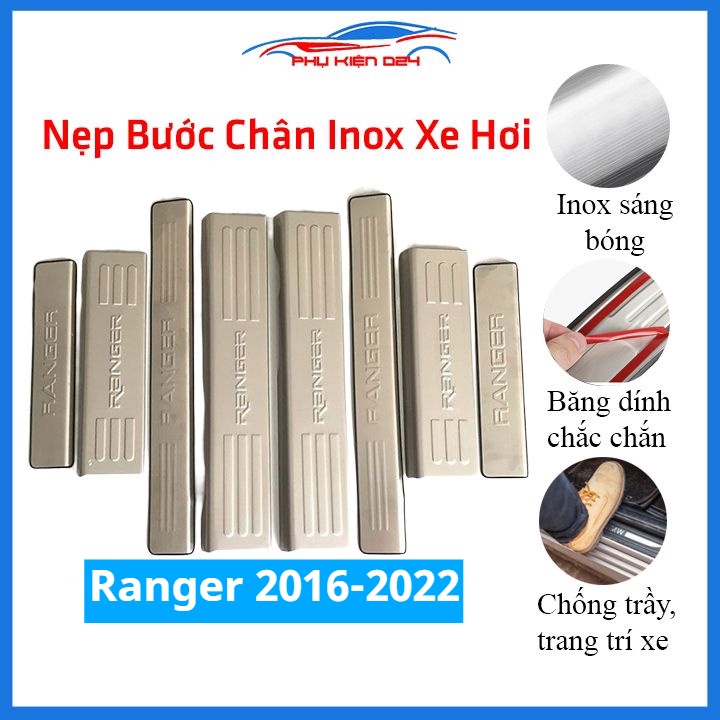 Bộ ốp bậc cửa trong ngoài Ranger 2016-2017-2018-2019-2020-2021-2022 Inox chống trầy trang trí xe