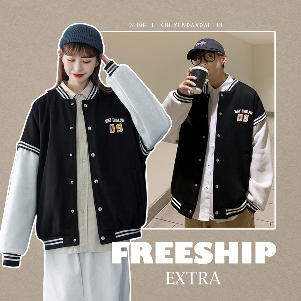 AK 009 Áo khoác thu đông đen tay trắng 09 cúc bấm dáng rộng unisex, áo bomber bóng chày nỉ nam nữ form to Ulzzang