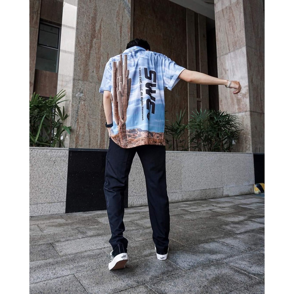 Áo sơ mi nam nữ oversize hình CÂU XƯƠNG RỒNG xanh