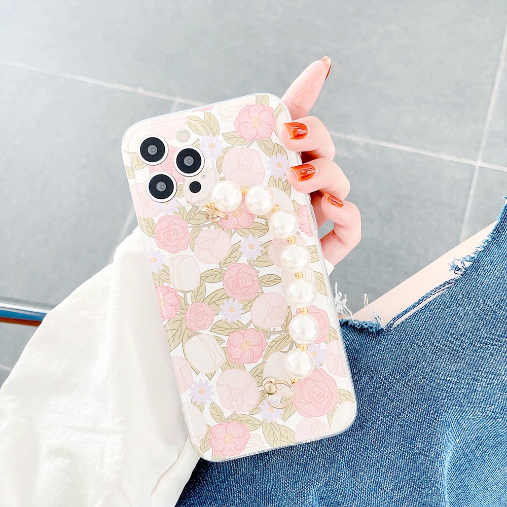Ốp Điện Thoại TPU Dẻo Họa Tiết Hoa Đính Ngọc Trai Chống Sốc Kèm Vòng Đeo Tay Cho IPhone 14 13 12 11 Pro Max X Xs XR 8 7 Plus