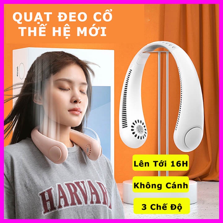 Quạt đeo cổ không cánh mini sạc tích điện pin trâu 4000mAh, 3 chế độ gió, quạt treo cổ thổi mát phong cách thời trang