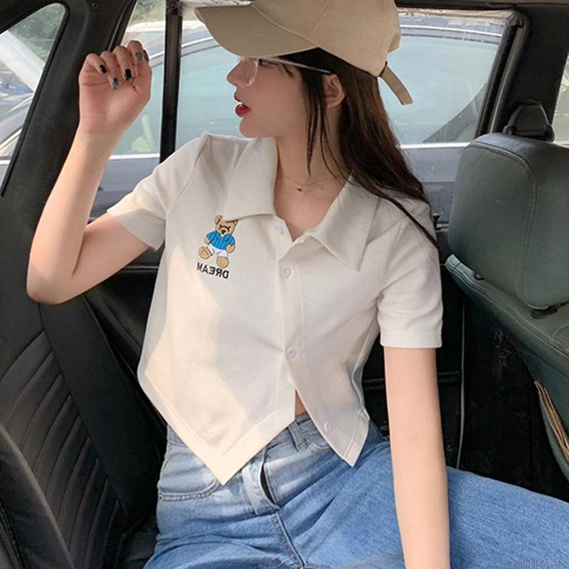 Áo Sơ Mi Tay Ngắn Cổ Polo In Hình Gấu Hoạt Hình Phong Cách Hàn Quốc Cho Nữ
