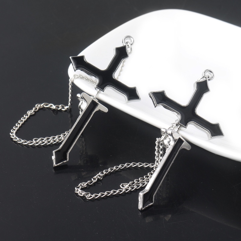 Bông Tai Chuỗi Dài Hình Thánh Giá Màu Đen Phong Cách Punk Gothic Thời Trang Unisex