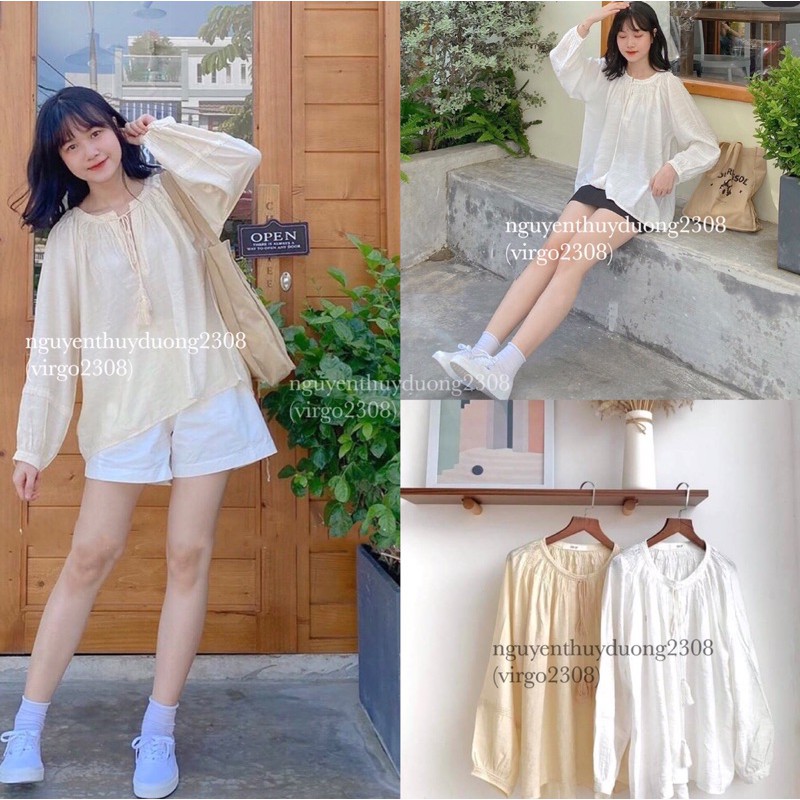 Áo sơmi tơ đũi cổ tròn phong cách Ulzzang