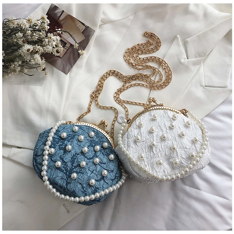 Túi xách IELGY đan đính hoa nhỏ dây ngọc trai nhân tạo cỡ lớn