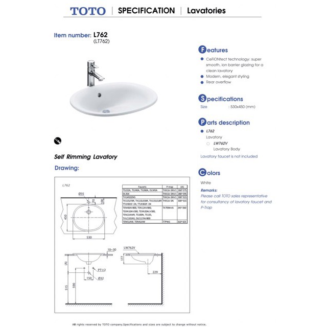 Chậu lavabo đặt dương vành ToTo L762