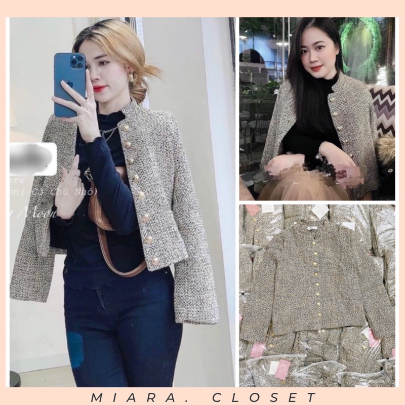 Áo Dạ Tweed tiêu ánh nâu cúc đồng cadigan dày dặn chuẩn ảnh xịn xò