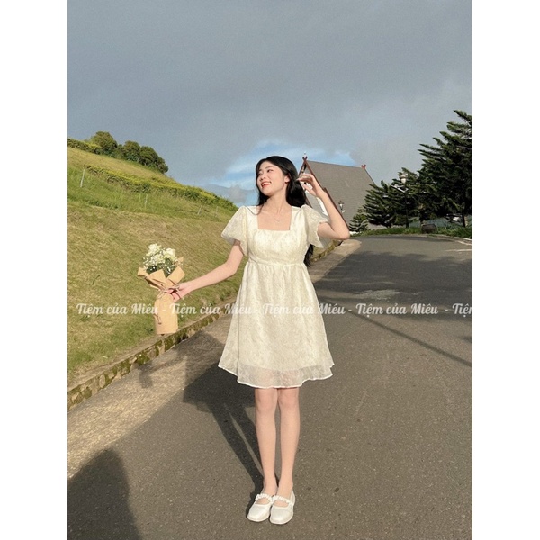 [Jolia Dress] Váy babydoll tay bồng nơ lưng vải tơ voan hoa nhăn bánh bèo tiệm của miêu