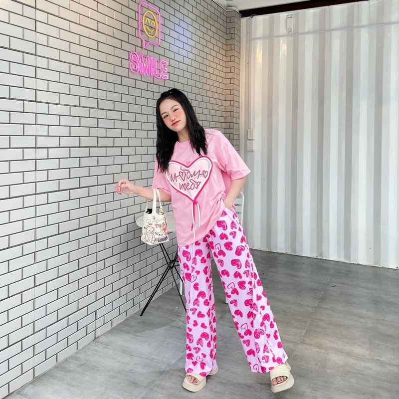 Set áo trái tim phối dây nơ quần suông gân A5