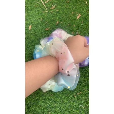 Dây buộc tóc, cột tóc scrunchies càu vòng 2 lớp siu to size 13cm lụa hàn quốc phối lưới