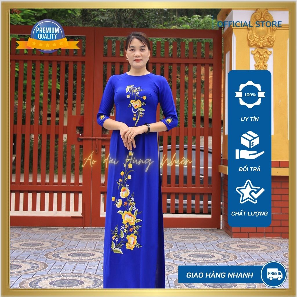 Áo dài Tằm thêu nữ may sẵn thiết kế đẹp, sang trọng, màu xanh dương