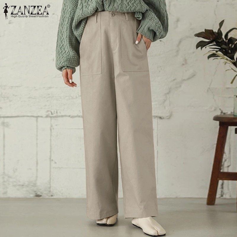 Quần dài ống rộng ZANZEA lưng thun màu trơn thời trang thanh lịch cho nữ