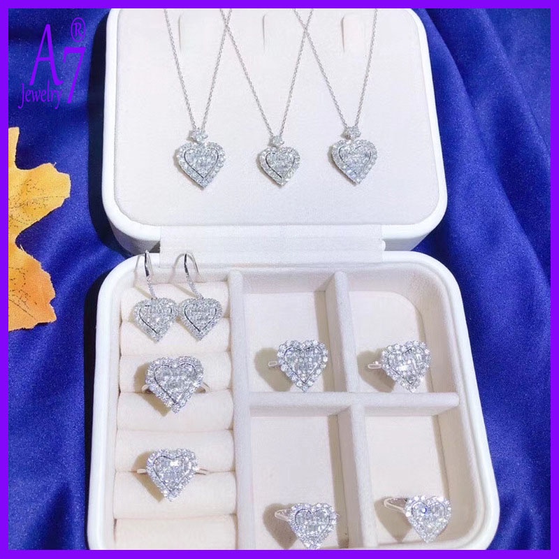 Bộ Vòng cổ + bông tai + nhẫn hình trái tim đính đá toàn diện