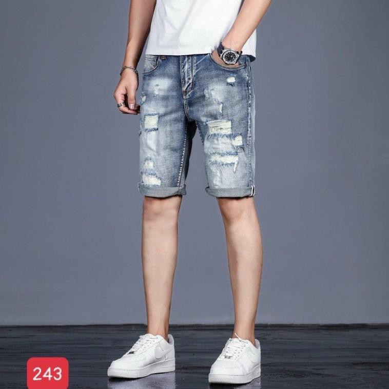 Quần short jean nam, quần bò ngắn, quần sọt màu xanh rách gối đẹp cao cấp 2021 QJNA025 ་