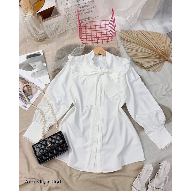 VÁY ĐẦM SƠ MI DÁNG SUÔNG CỔ NƠ PHỐI BÈO CỰC XINH