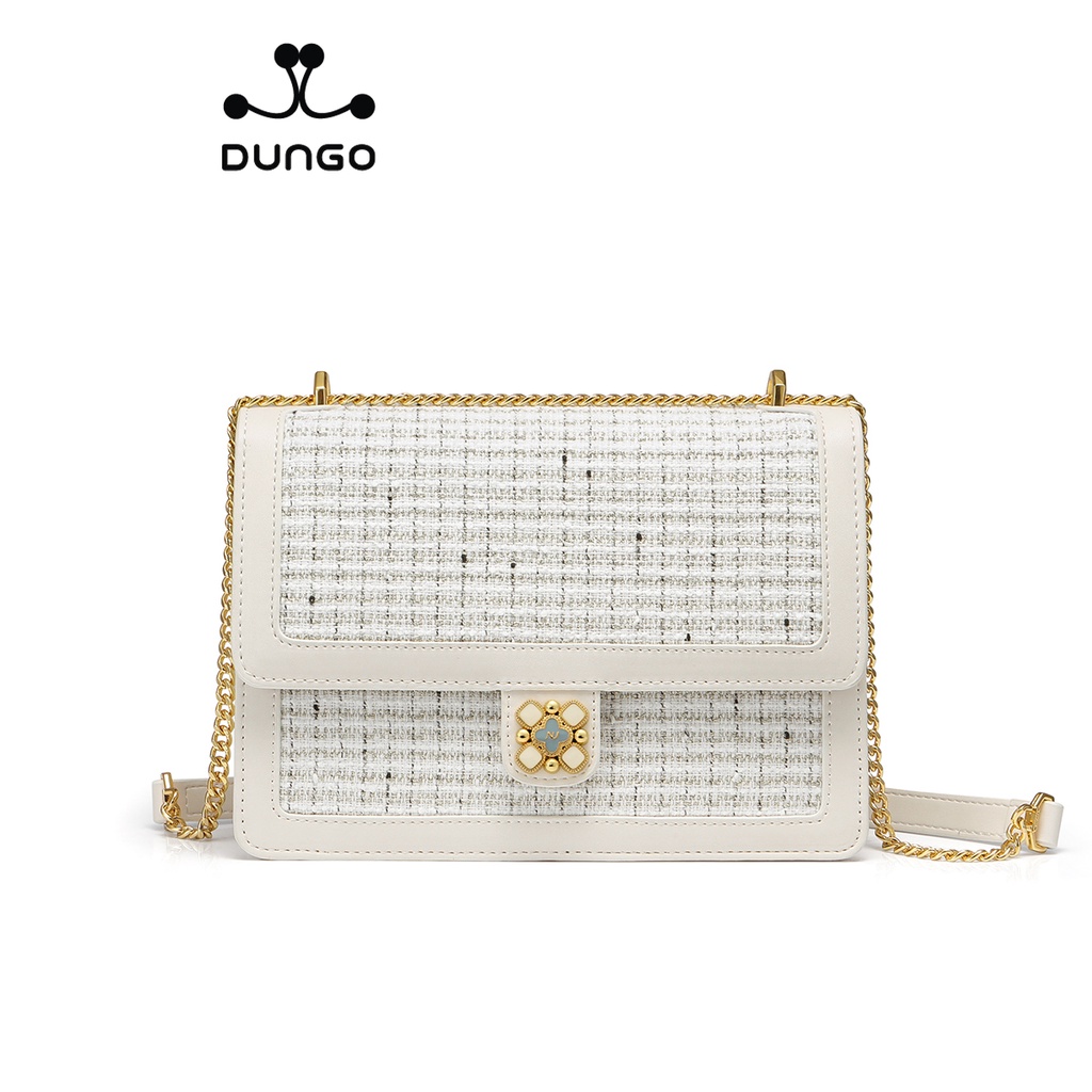 Túi Xách NUCELLE Tweed Trắng/ Xanh Khóa Hoa NU1171994