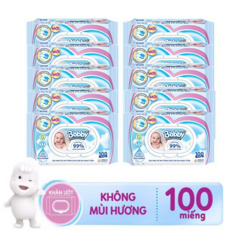 《HCM》Combo 10 gói khăn giấy ướt Bobby có mùi 100 tờ / không mùi 100 tờ / không mùi 80 tờ