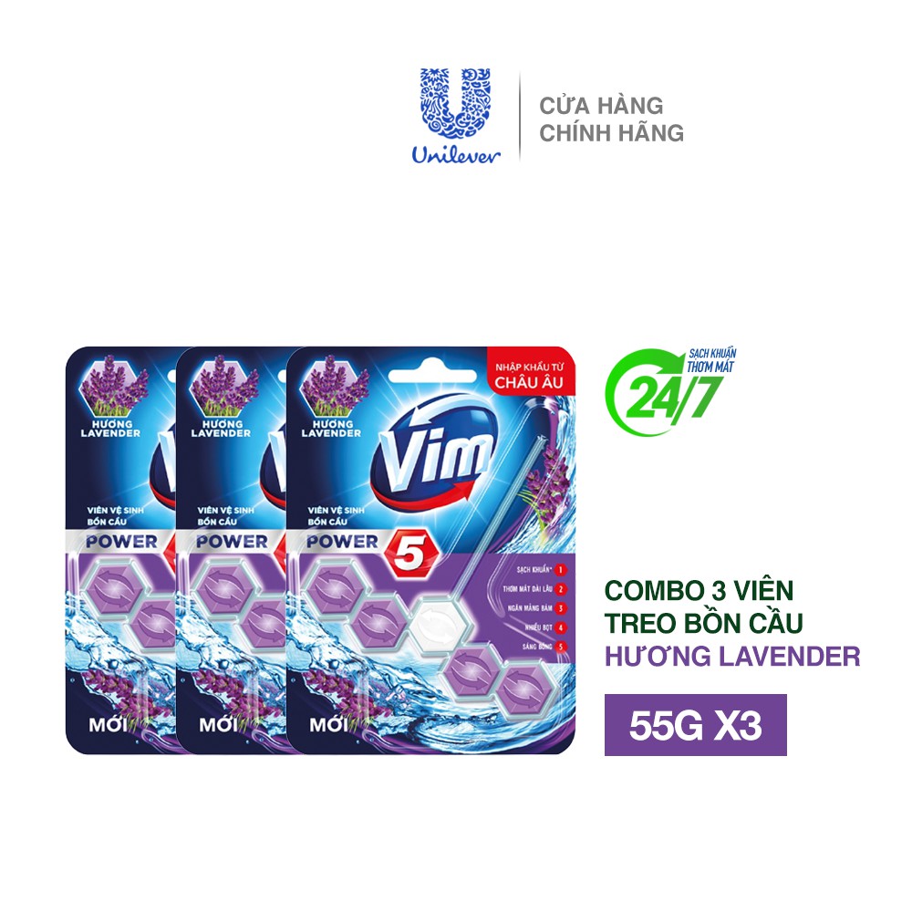 Combo 3 Viên Tẩy Bồn Cầu Vim Power 5 Sạch Khuẩn Thơm Mát (55g/viên)