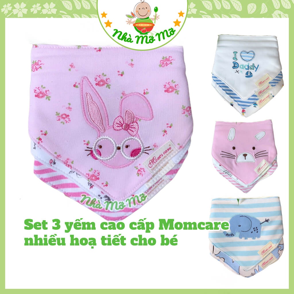 Set 3 yếm tam giác cao cấp Momcare có cúc bấm nhiều hoạ tiết cho bé