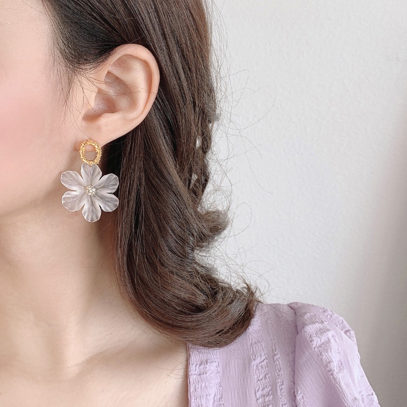 Bông Tai Mạ Bạc 925 Hình Hoa Đính Đá Trong Suốt Phong Cách Hàn Quốc
