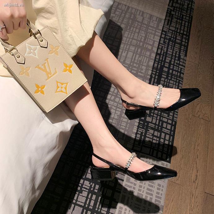 Giày Búp Bê Mũi Vuông Gót Dày Đính Đá Hở Ngón Thời Trang Xuân Hè Cho Nữ