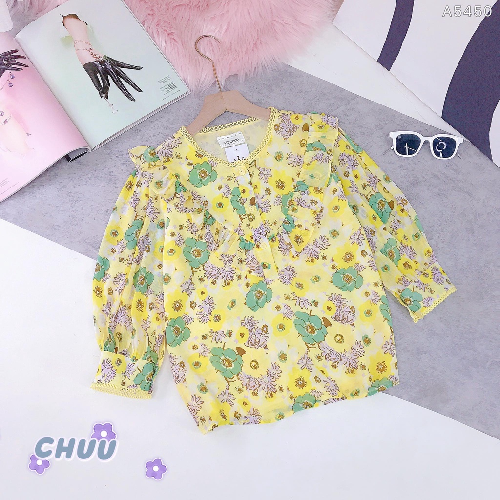 Áo sơ mi trắng ngực bèo V cổ viền tròn CHUU A5450