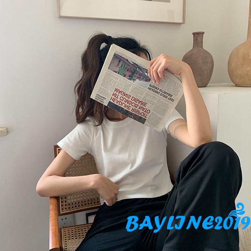 Áo Thun Lửng Tay Ngắn Cổ Tròn Màu Sắc Thời Trang Cho Nữ