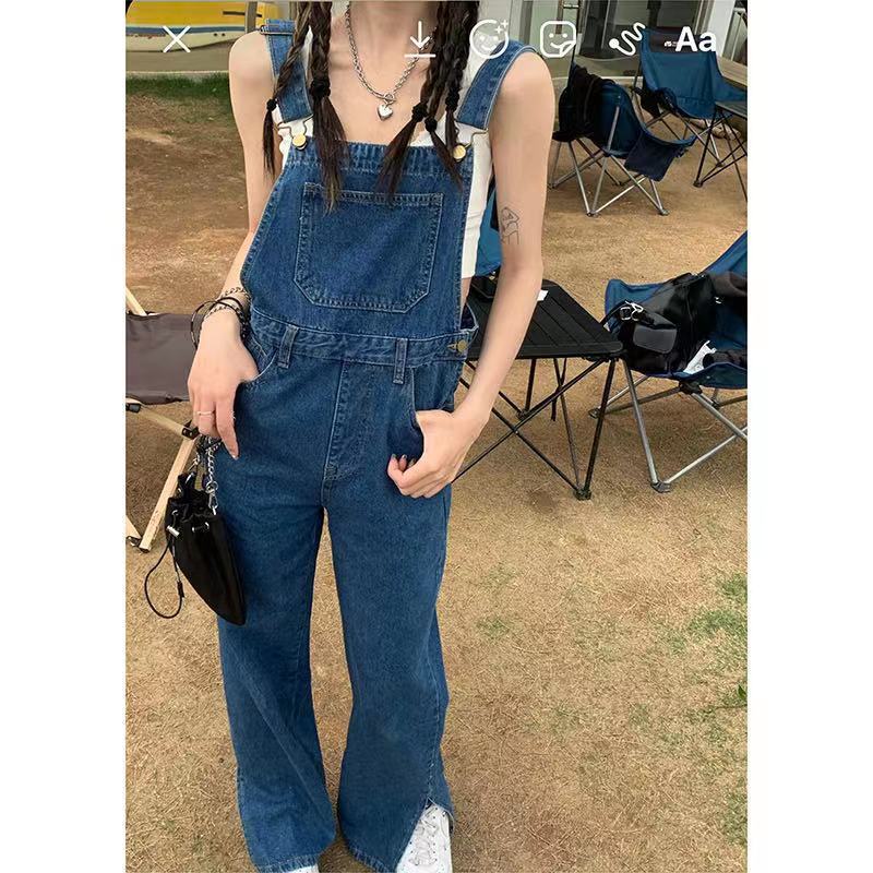 Áo liền quần denim Ống Rộng Xẻ Tà Lưng Cao Thời Trang Hàn Quốc Cá Tính