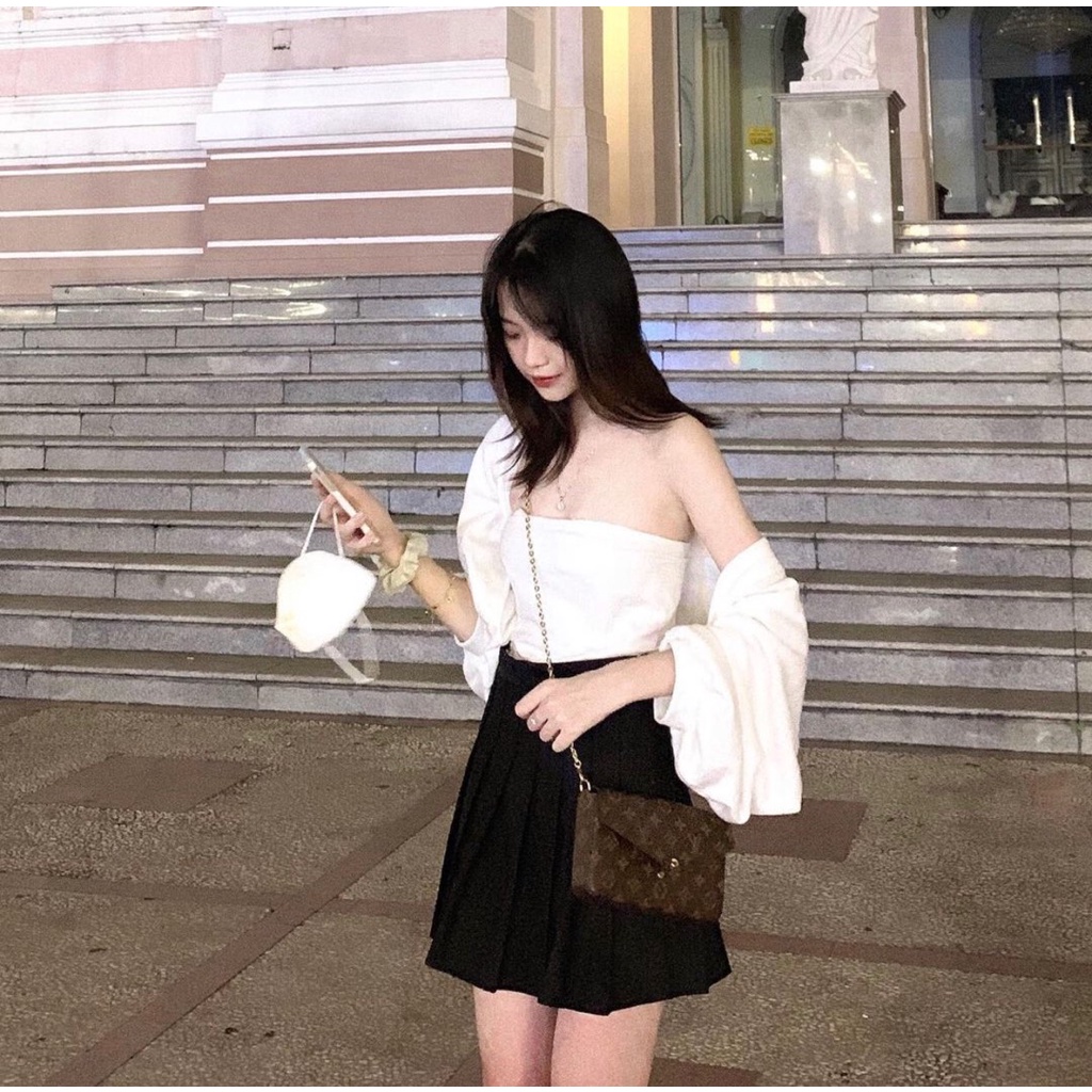 SA002 Bộ áo khoác cardigan mỏng, tay bo phồng và áo hai dây croptop ôm body sexy phong cách bánh bèo tiểu thư cute