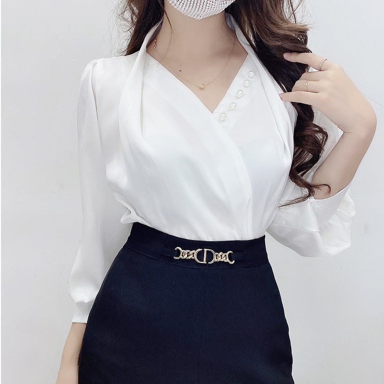 Áo sơ mi nữ cách điệu cổ V, áo lụa cổ chéo cúc ngọc trắng trơn A941 KYMIE