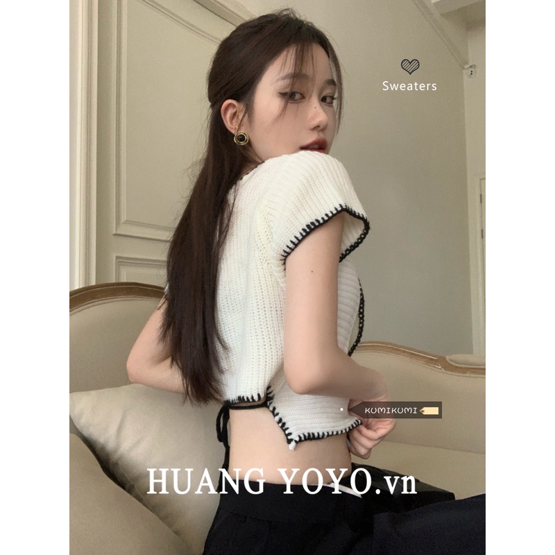 HUANG YOYO Áo cardigan Ngắn Tay Cổ Vuông Thiết Kế Độc Đáo Thời Trang Hàn Quốc Cho Nữ