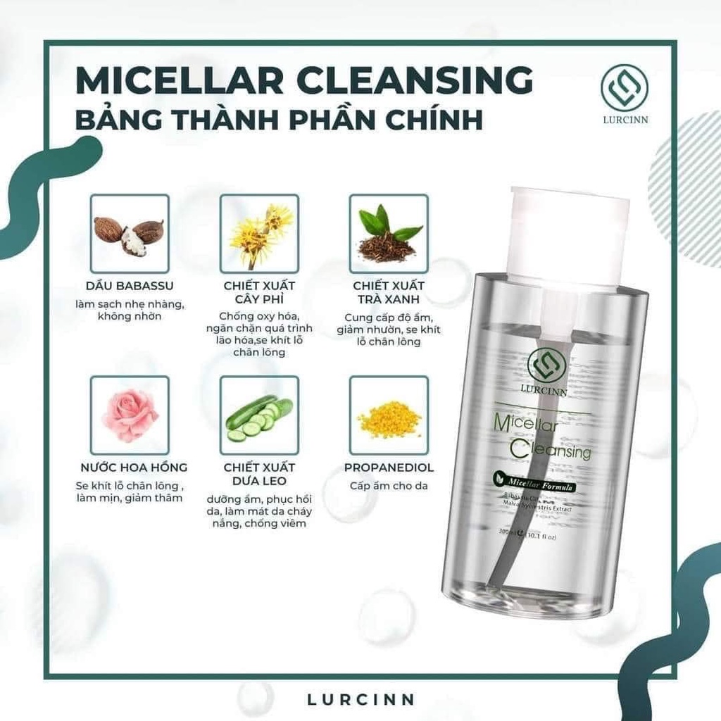Nước Tẩy Trang LURCINN Micellar Cleansing 300ml Hỗ Trợ Làm Sạch Sâu cho Da