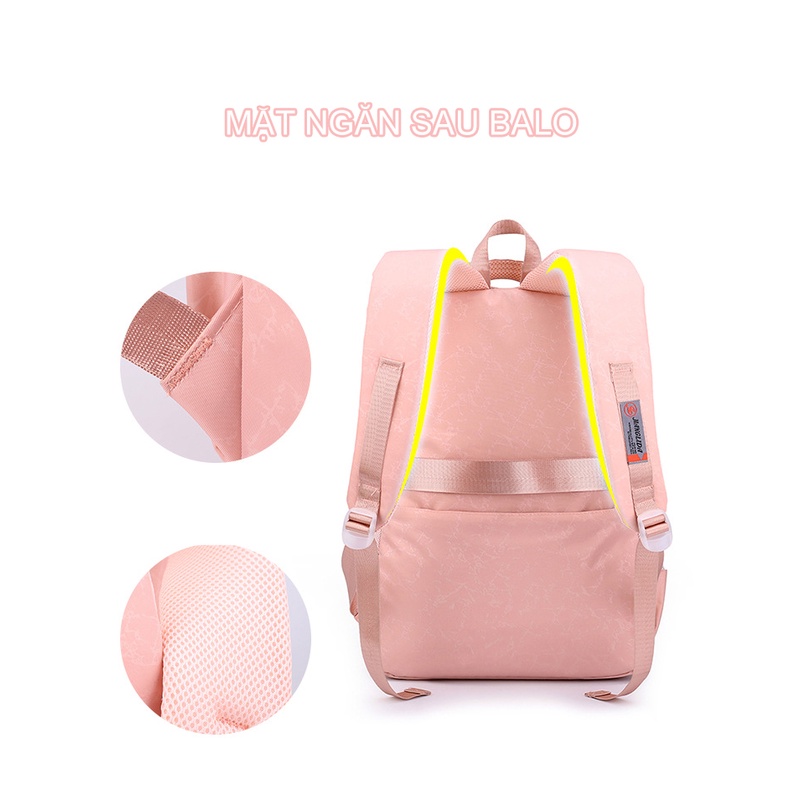 Balo học sinh nữ vải dù chống nước siêu nhẹ đi du lịch phối ngăn lưới cao cấp 9348
