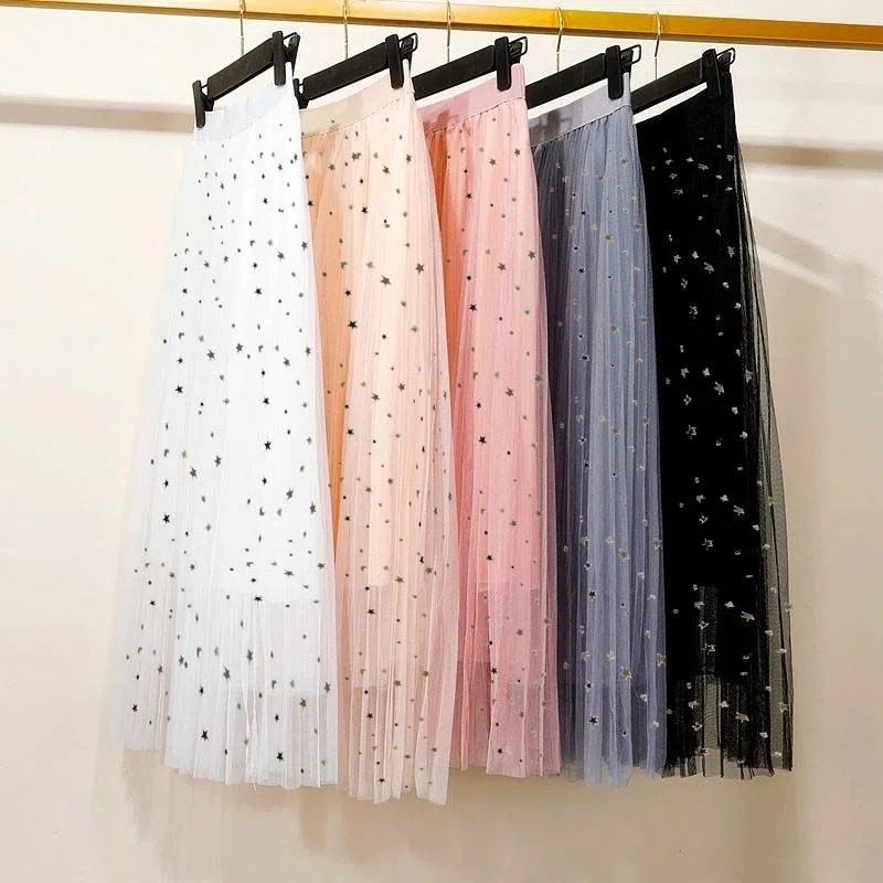 Chân váy Midi xòe dáng dài màu ghi, be, trắng Bling Bling lấp lánh cạp chun đi làm đi chơi đi học phong cách Hàn Quốc