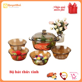 Bộ bát thủy tinh kèm nồi 5 chi tiết,bộ chén thủy tinh kèm thố có nắp cao cấp chunming