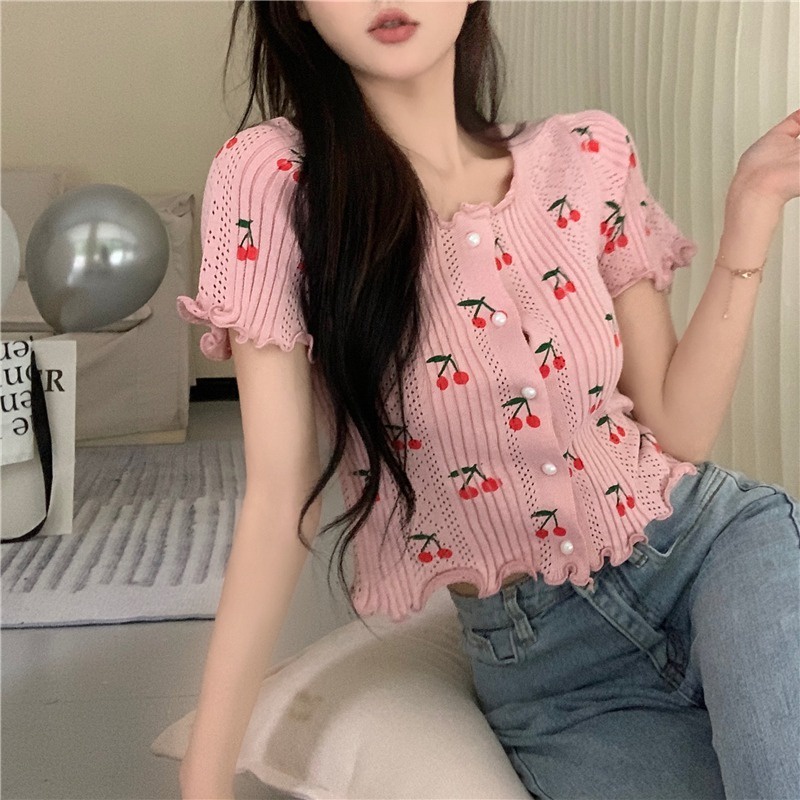 Áo cardigan ZHELIHANGFEI dệt kim tay ngắn thêu hình quả cherry dễ thương