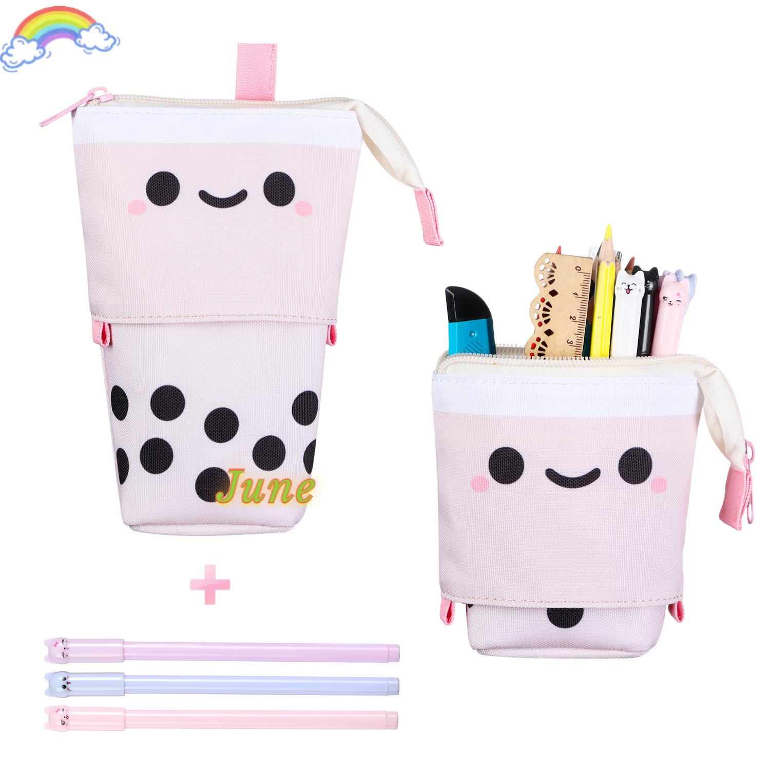 JUNE Cute Pencil Case Portable Zipper Storage Box Telescopic Pen Bag New Canvas School Supplies Stationery Large Capacity Makeup Pouch/Multicolor