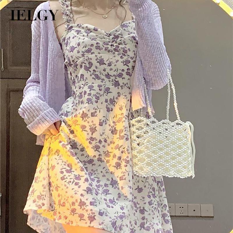 Áo khoác/ Đầm hai dây IELGY vải voan dáng ôm in hoa màu tím thời trang