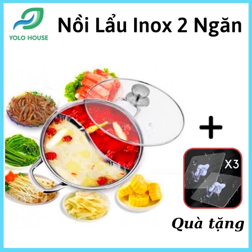 Nồi lẩu 2 ngăn 32cm có nắp kính, nồi lẩu inox 2 ngăn vung kính size 32cm nấu được bếp từ, bếp gas Bảo hành 12 tháng