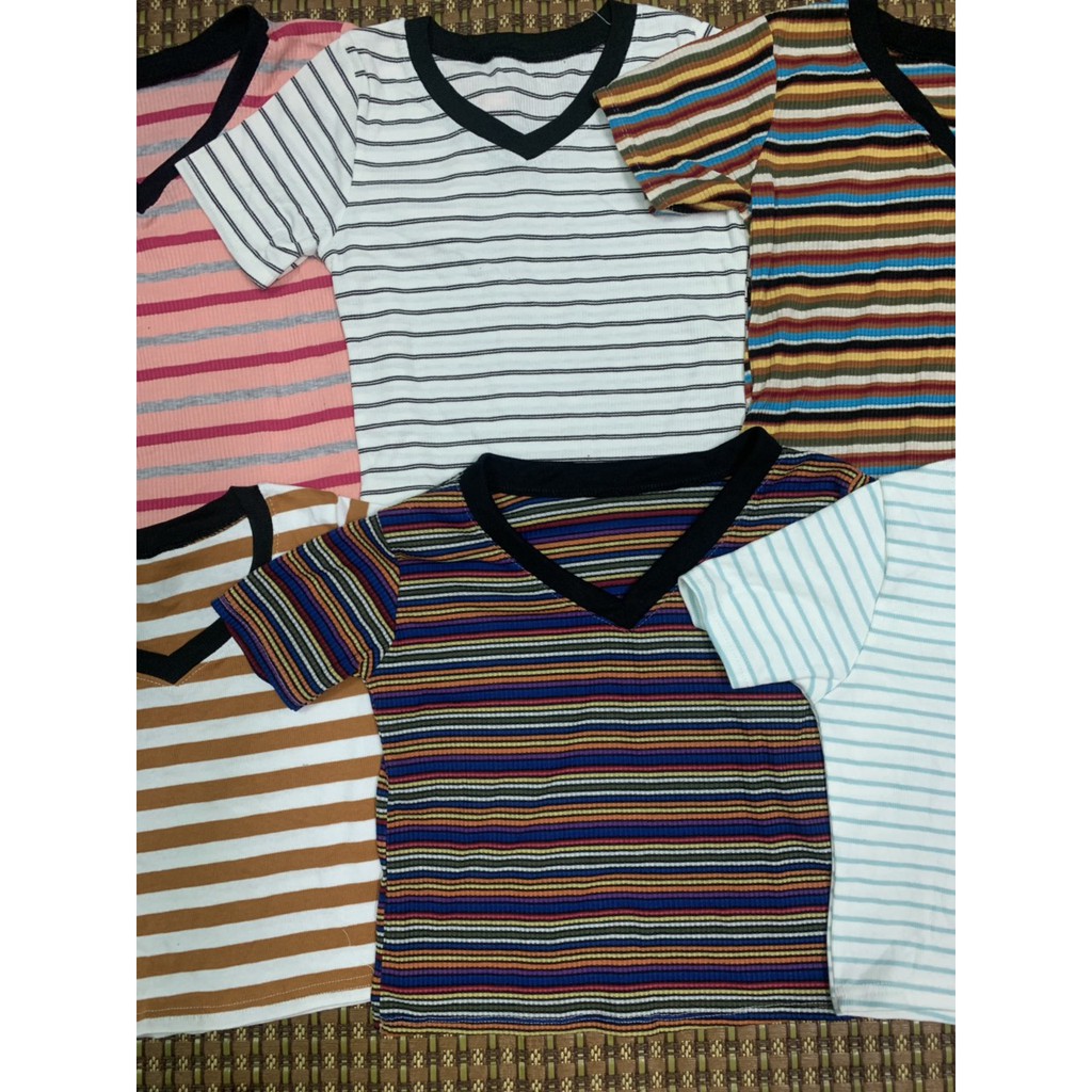 Áo croptop cổ tim viền đen sọc màu xinh xắn xinh hot hit tôn dáng