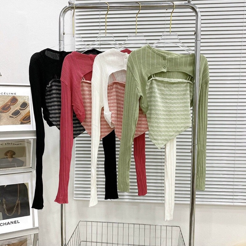 Set Áo Dây Trơn Màu Và Áo Cadigan Len Mỏng